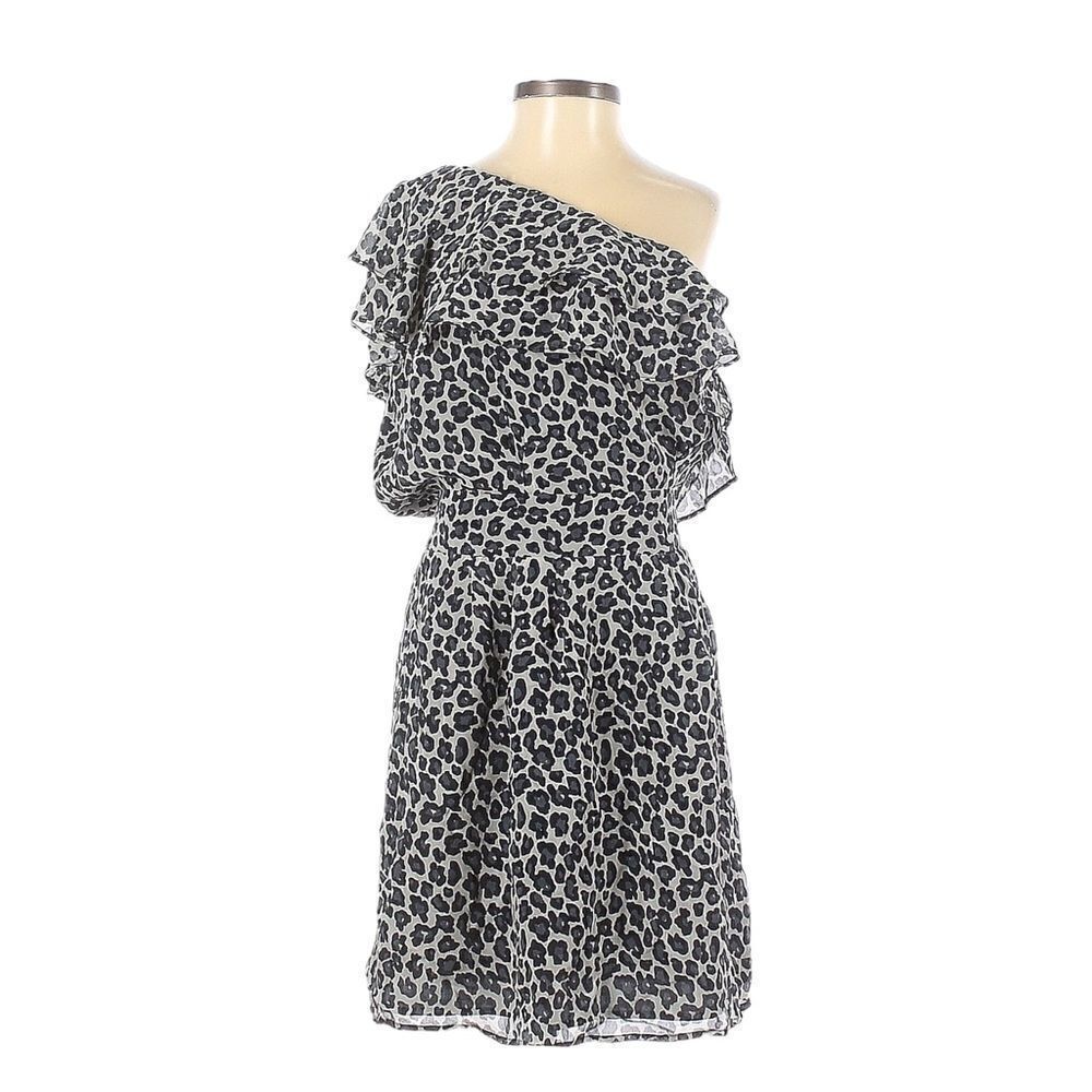 Nieves Lavi Silk One Shoulder Leopard Mini Dress 4 Ruffle Smocked Waist Gray